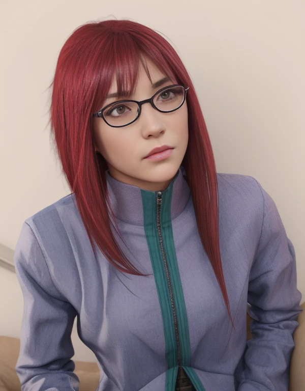 young woman, tanned skin, long red layered hair, red eyebrows, red eyes, glasses, wide nose, thick lips, round face, lilac clothing, karin, realism, 3d
