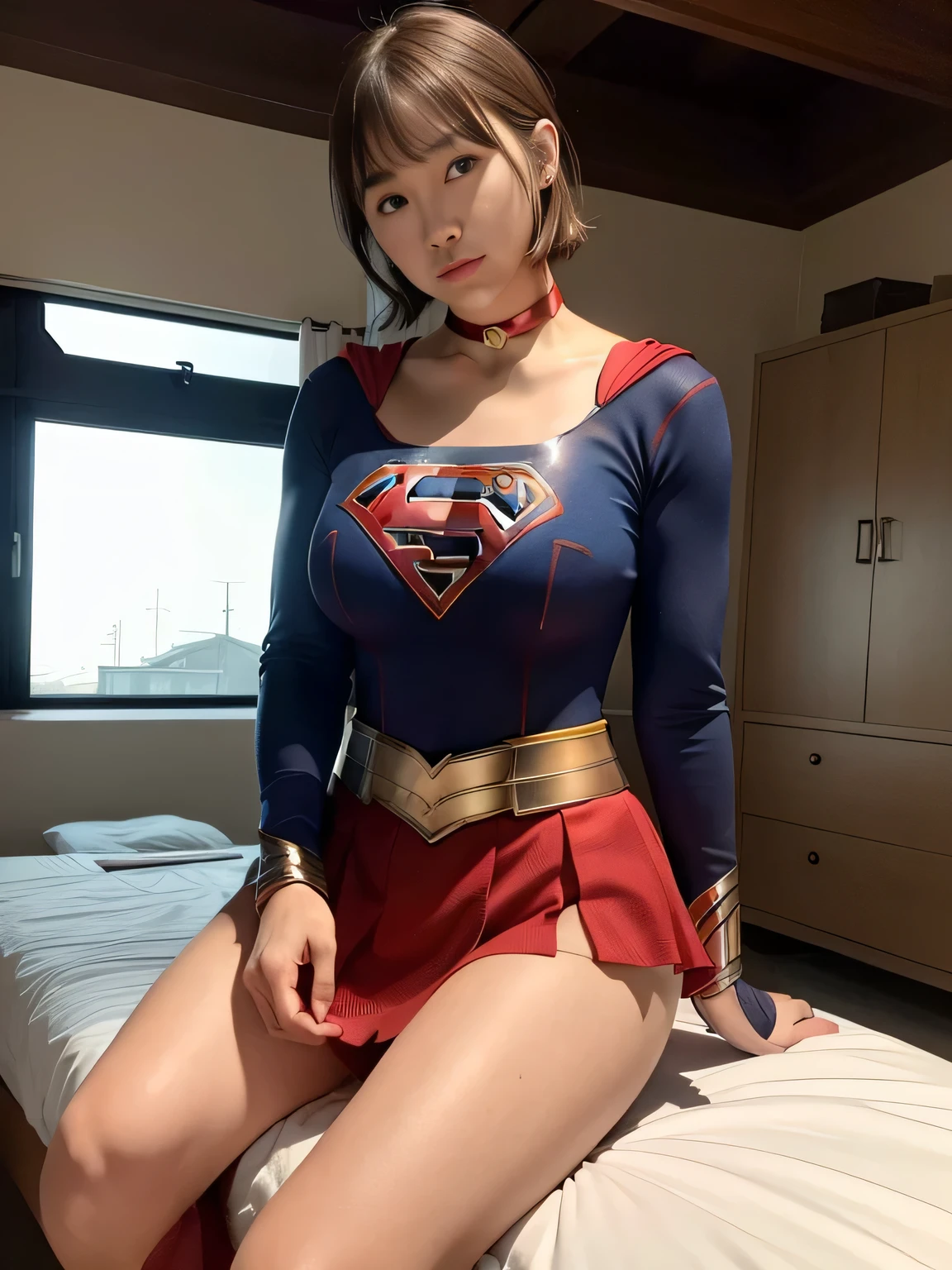 masterpiece、Supergirl costumes、short hair、barefoot、big and full breasts、Experimental Facilities、operating table、straddle、Tattered、shiny、look at the camera、Seduce、choker、red mini skirt、long sleeve、Cowgirl
