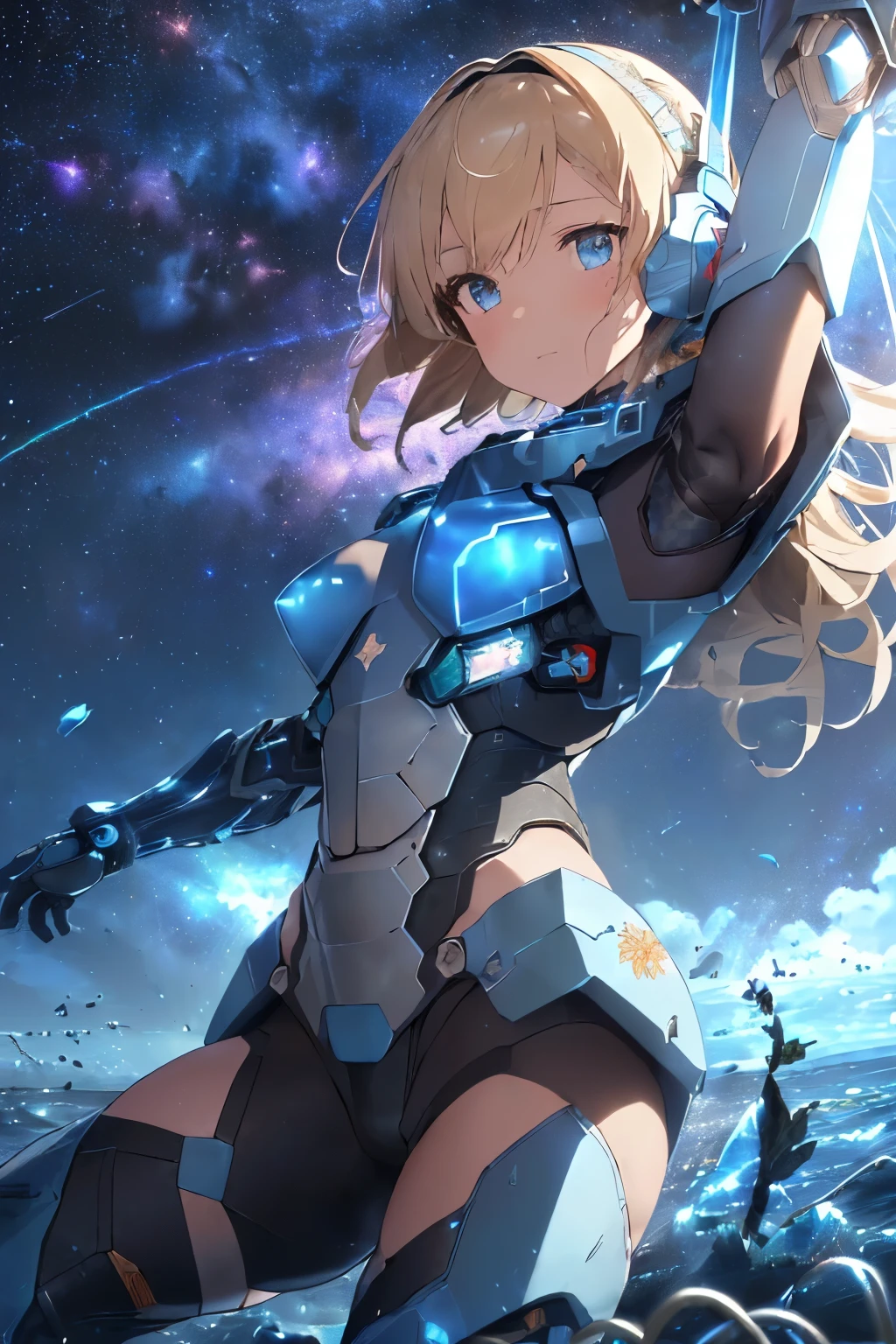 (Blue sky with lots of scaly clouds),(Armored suit that reflects light and shines in rainbow colors:1.3),(Gigant Arm:1.35),(A brace that stores a rugged weapon in the leg.:1.4),(close up of face:1.7),(Petals dancing like the wind blows up:1.4),(Dancing gracefully on the water surface:1.3),(beautiful armored suit:1.35),(beautiful hair waving in the wind:1.3),(blonde:1.3),(Transparent clear blue eyes:1.4),(high resolution:1.5),(Stars, flowers, blue sky and space:1.4),(fantastic world:1.4),(Rugged full arm body like a mobile suit:1.4),(beautiful decorated sword:1.4),(Machine legs full of wires:1.35),(Drive coil at joint part:1.4),(perspective from above:1.3),(headphone:1.4),