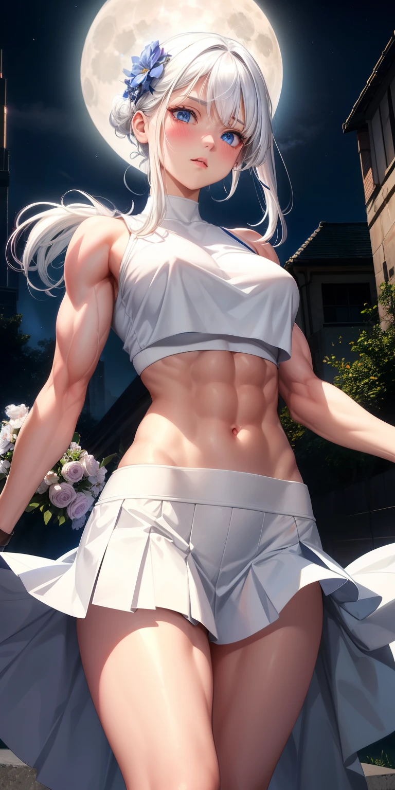 actual, 1 girl, white hair, blue eyes, glowing eyes, crop top, skirt, open lips, blush, Gym, flowers, night, moonlight, abdominal muscles, muscle , biceps