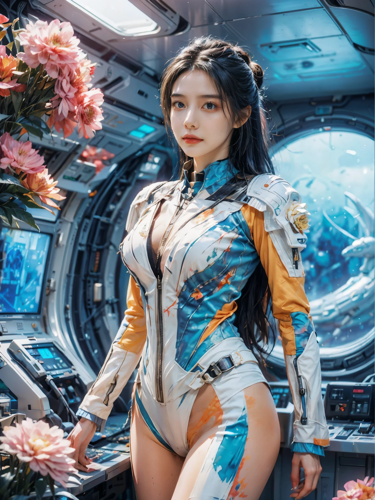 Full-length portrait of a 24-year-old female starship captain，In a futuristic sci-fi scenario，Highlighting her full body image and starship interior。she stands confidently，Captain dressed in futuristic sci-fi style，It is both fashionable and marks her class。her expression will be smiling、Calmness combined with a touch of cuteness，Make her instantly lovable。Background reveals the interior of the starship，Contains advanced technical controls、Screens and futuristic design elements，Enhanced science fiction theme。The scene should capture her leadership qualities and the advanced environment of the starship，Portraying her as a competent and admirable captain in the future world。, (floral watercolor painting:1.5)，(Super high saturation, bright and vivid colors:1.5), (nsfw), (Look at the audience head-on:1.5)