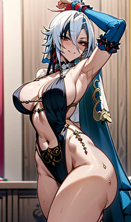 NSFW, arlecchino, arlecchino from genshin impact, dancer lady, sexy dancer, sexy clothes, face veil, armpits, big tits, alluring female bodies cool girl, a quiet and serious girl, badass, firm expression, evil smile, look down, sexy dancing pose, fine background, full body