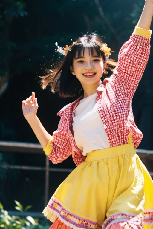 A bright and joyful scene with a cute girl dancing gracefully. She is wearing a colorful outfit and her smile is very charming. The background features fantastical lights and colors, creating an overall dream-like ambiance. The girl is lively in her movement, and around her, small flowers and butterflies are fluttering. This image depicts a scene filled with happiness and vibrancy.