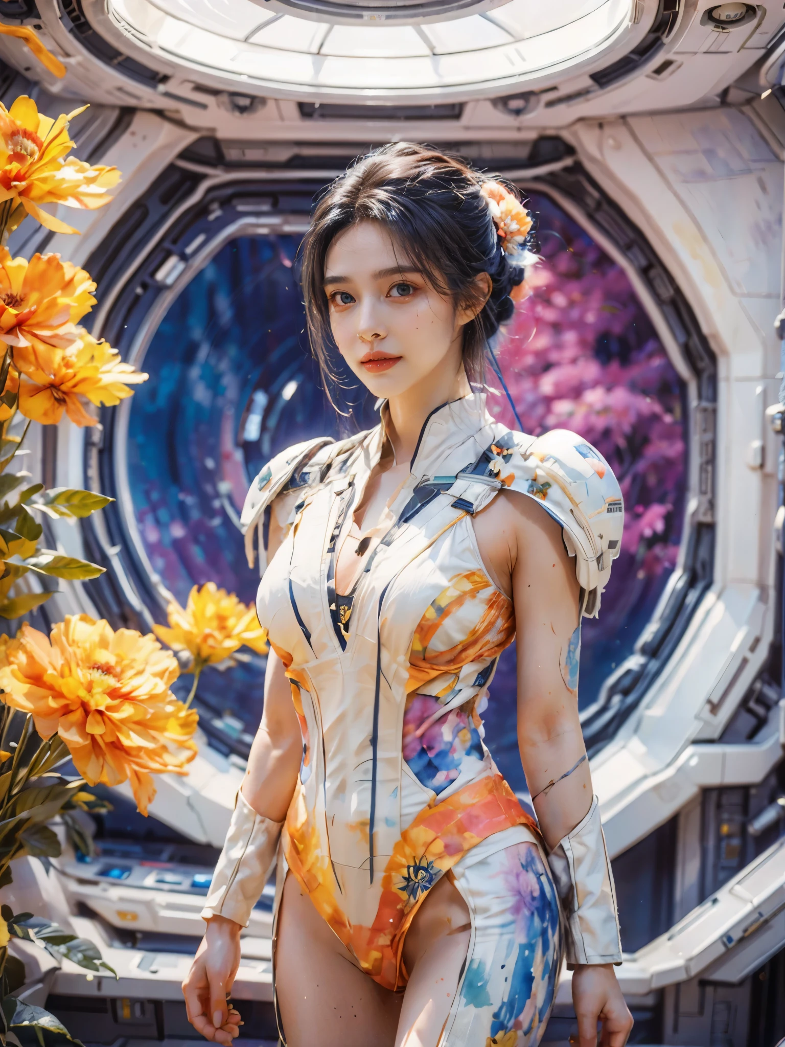 Full-length portrait of a 24-year-old female starship captain，In a futuristic sci-fi scenario，Highlighting her full body image and starship interior。she stands confidently，Captain dressed in futuristic sci-fi style，It is both fashionable and marks her class。her expression will be smiling、Calmness combined with a touch of cuteness，Make her instantly lovable。Background reveals the interior of the starship，Contains advanced technical controls、Screens and futuristic design elements，Enhanced science fiction theme。The scene should capture her leadership qualities and the advanced environment of the starship，Portraying her as a competent and admirable captain in the future world。, (floral watercolor painting:1.5)，(Super high saturation, bright and vivid colors:1.5), (nsfw), (Look at the audience head-on:1.5)