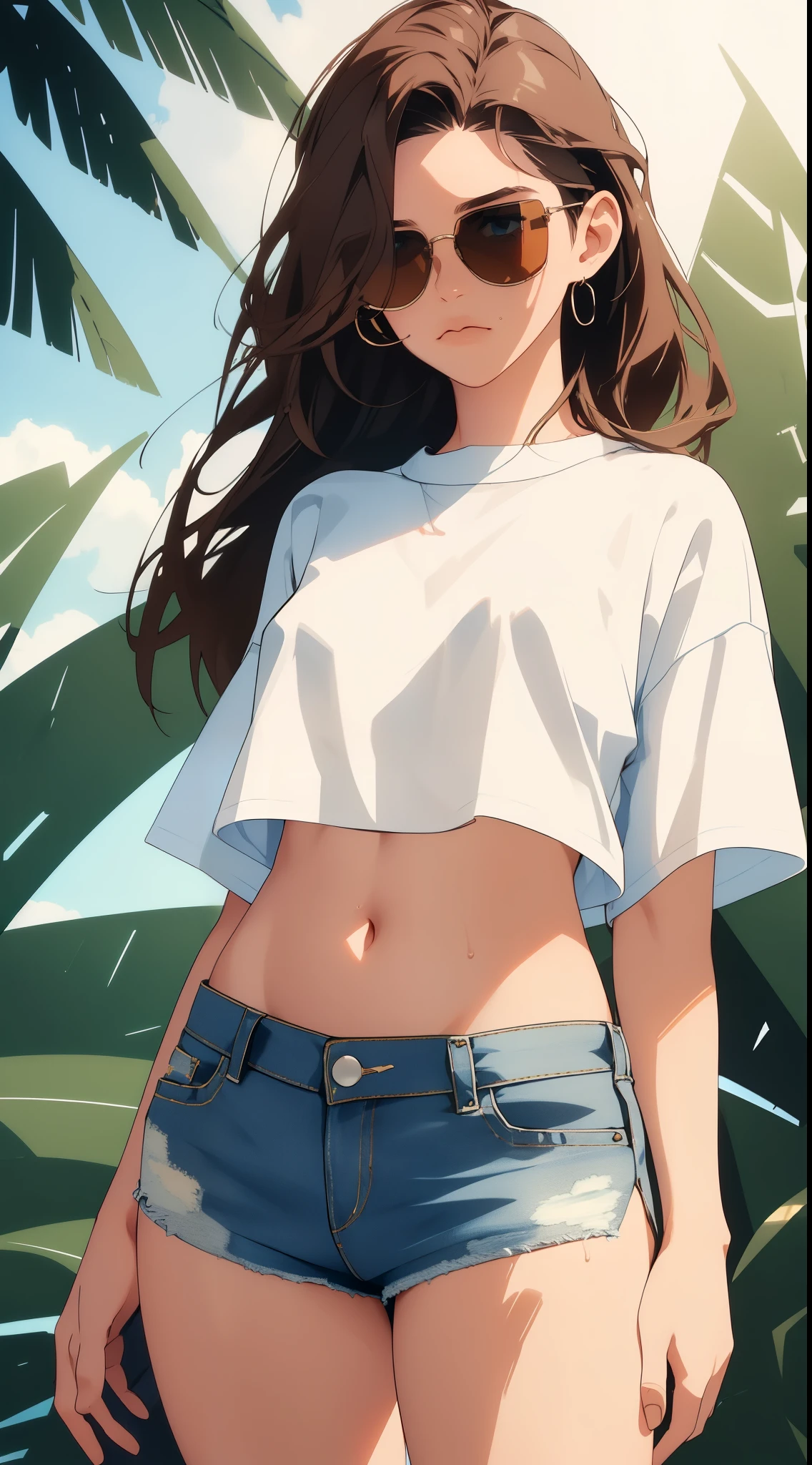 1girl, brown hair, white crop top, blue denim mini shorts, thick thighs, sunglasses, sweaty body, cowboy shot, in strert, hot summer weather, sharp focus, ultra HD, 8k, High res, more_details:-1, more_details:0, more_details:0.5, more_details:1, more_details:1.5