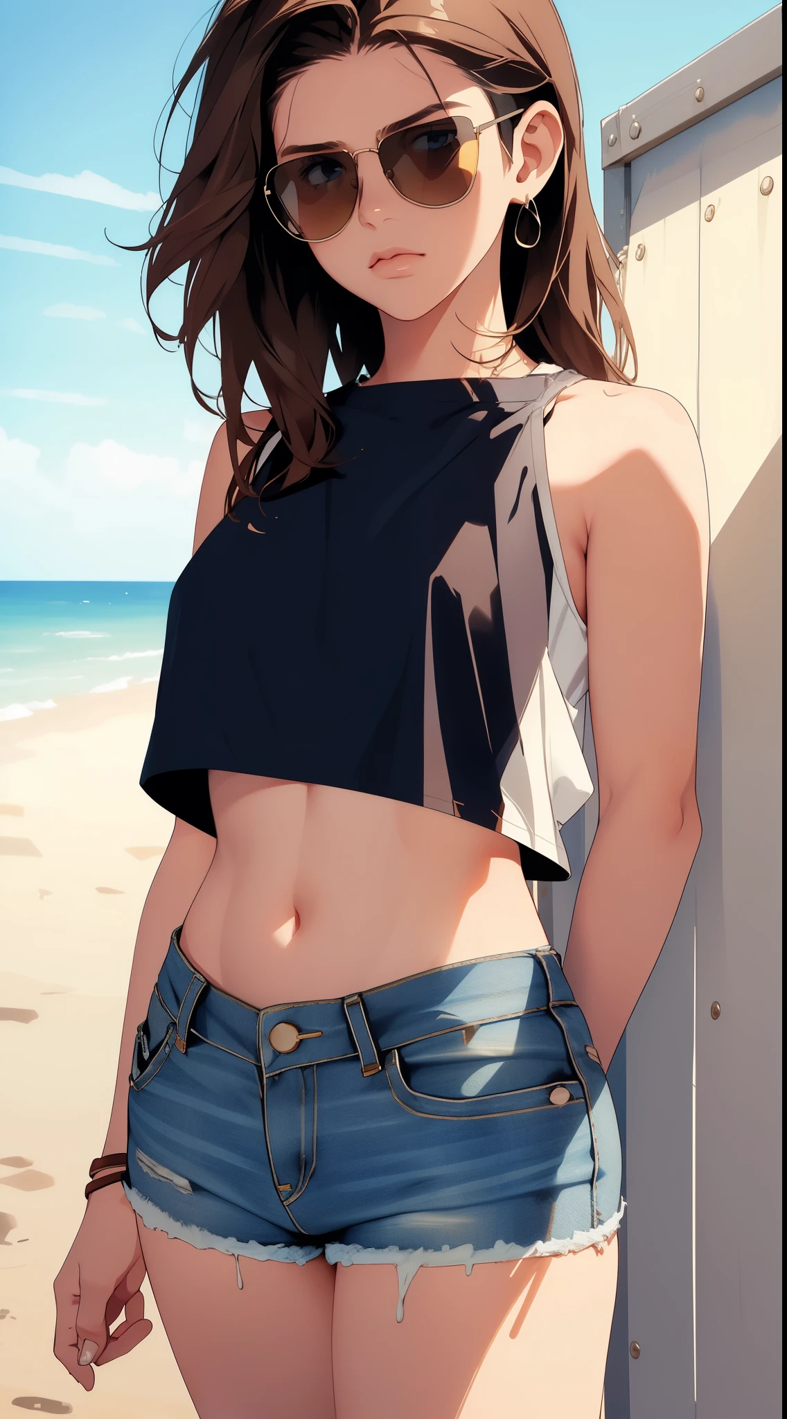 (8K、Highest quality、Highest quality、masterpiece)、Detailed face、One Girl、(Brown Skin:1.2)、Long Hair、Red Eyes、Serious、(Black Tank Top、Denim hot shorts、Open Shorts、Unziped shorts、Mini jeans Shorts、No Panties、NoPanties、Spread pussy、heart cutout)、labia view、Beach、cloud、vagina、Pussy Lip、Wedgie between Pussy Lips、Big Breasts