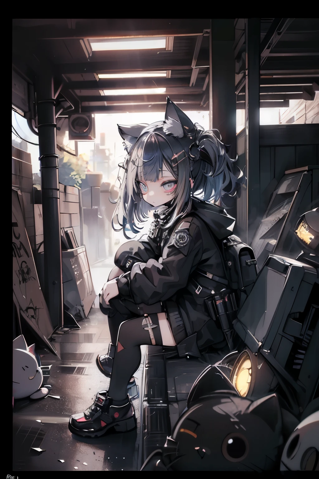 cat girl, {{Masterpiece, top quality, highly detailed CG, unified 8k wallpaper, movie lighting, lens flare}}wide view, thick body, rubble, ruins of conflict areas, plumes, nitric smoke, blast waves, Flying bullets, sniper, 35mm, f/1.8, night, blue eyes, war, explosion