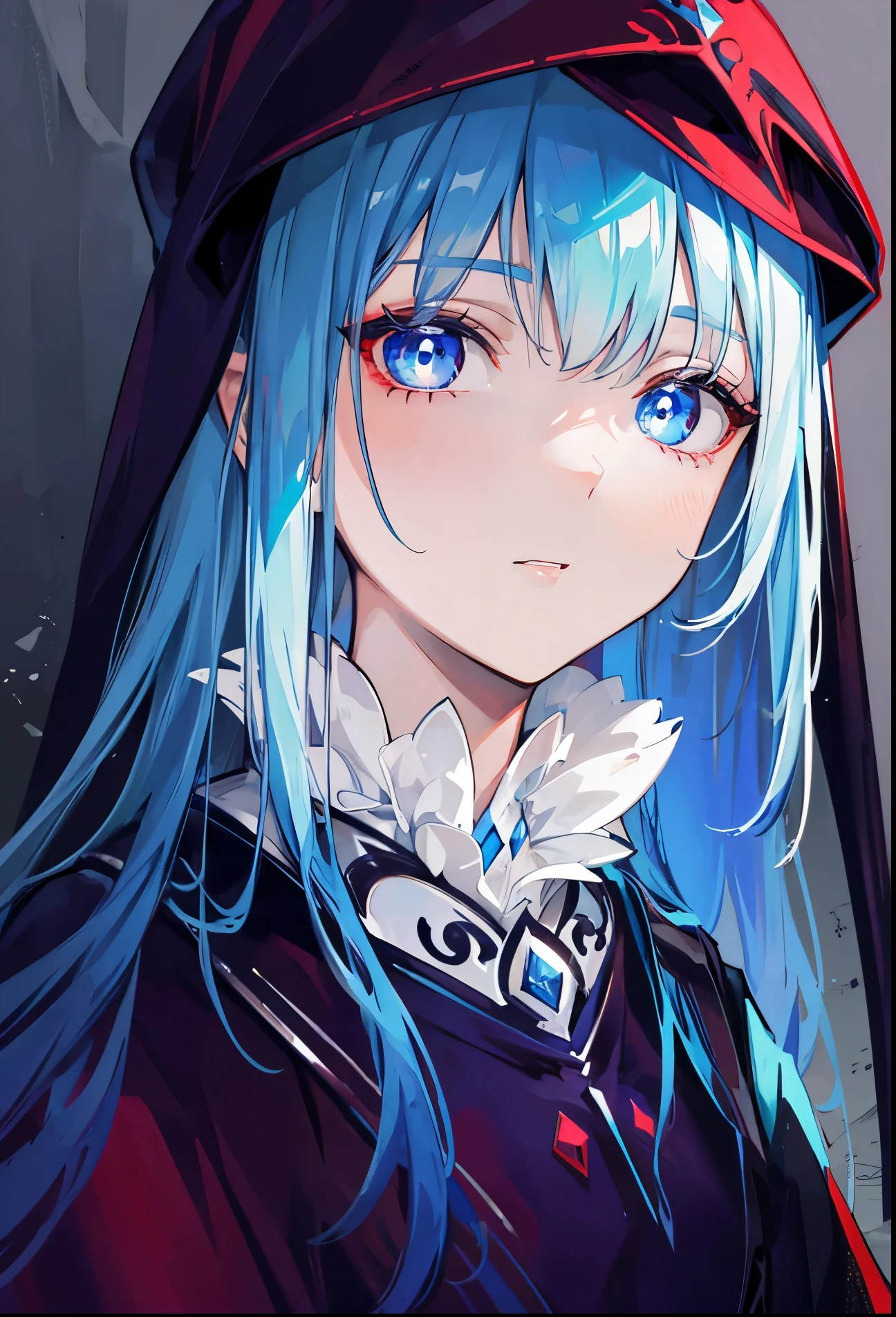 Blue pupils，Dark red and white gown，Long crimson hair，Extremely stunning，glow，super beautifulgirl