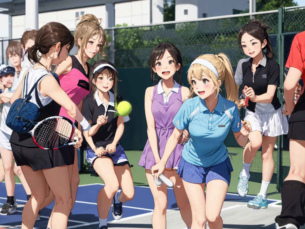 highest quality、High resolution、High definition、Beautiful teenage girl、Four women,cute hairstyle,perfect skin,huge breasts、Look at me happily、smiling、laughing、sexual expression、Upper body、

Tennis Dressesスタイル、
Tennis Dresses、可愛らしいTennis Dressesを選びましょう。Something with frills or lace details、We recommend items with colorful prints.。
shorts、Tennis Dressesの下にはshortsを着用しましょう。Easy to move、Good material that absorbs sweat。
head band、To wipe away the sweat flowing from my head、可愛いhead bandをつけるとおしゃれで機能的です。
Tennis Shoes、専用のTennis Shoesを選びましょう。Choose one with cushioning and stability、You can play comfortably。

テニスshortsスタイル、
polo shirt、スポーティでクラシックな印象のpolo shirtを選びましょう。The bright colors and colorful stripes are cute。
テニスshorts、Easy to move、汗を吸収する素材のテニスshortsを選びましょう。Choose your favorite colors and patterns to express your individuality。
socks、Tennis Shoesと合わせて、スポーティなsocksを選ぶとおしゃれです。Items with colorful patterns and logos are also cute.。
