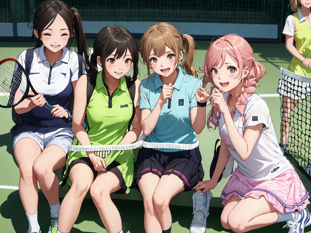 highest quality、High resolution、High definition、Beautiful teenage girl、Four women,cute hairstyle,perfect skin,huge breasts、Look at me happily、smiling、laughing、sexual expression、Upper body、

Tennis Dressesスタイル、
Tennis Dresses、可愛らしいTennis Dressesを選びましょう。Something with frills or lace details、We recommend items with colorful prints.。
shorts、Tennis Dressesの下にはshortsを着用しましょう。Easy to move、Good material that absorbs sweat。
head band、To wipe away the sweat flowing from my head、可愛いhead bandをつけるとおしゃれで機能的です。
Tennis Shoes、専用のTennis Shoesを選びましょう。Choose one with cushioning and stability、You can play comfortably。

テニスshortsスタイル、
polo shirt、スポーティでクラシックな印象のpolo shirtを選びましょう。The bright colors and colorful stripes are cute。
テニスshorts、Easy to move、汗を吸収する素材のテニスshortsを選びましょう。Choose your favorite colors and patterns to express your individuality。
socks、Tennis Shoesと合わせて、スポーティなsocksを選ぶとおしゃれです。Items with colorful patterns and logos are also cute.。
