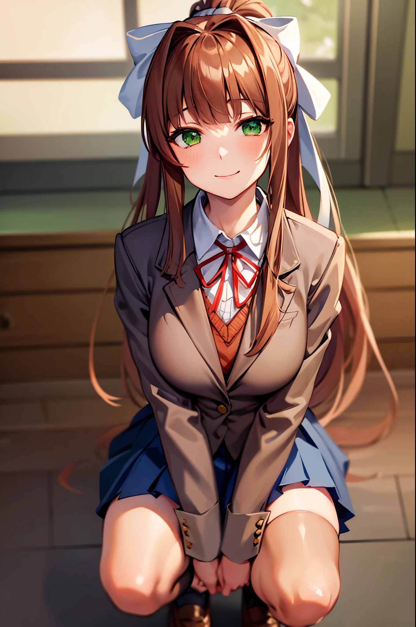 (masterpiece), best quality, expressive eyes, perfect face, highres, ddlcmonika, blunt bangs, brown hair, (green eyes:1.5), long hair, ponytail, ribbon, white ribbon, hair ribbon, sidelocks, black thighhighs, blue skirt, brown jacket, jacket, long sleeves, mary janes, over-kneehighs, pleated skirt, school uniform, shoes, skirt, thighhighs, zettai ryouiki, smiling, indoors, classroom background, squatting, portrait, looking at the viewer, from frontal