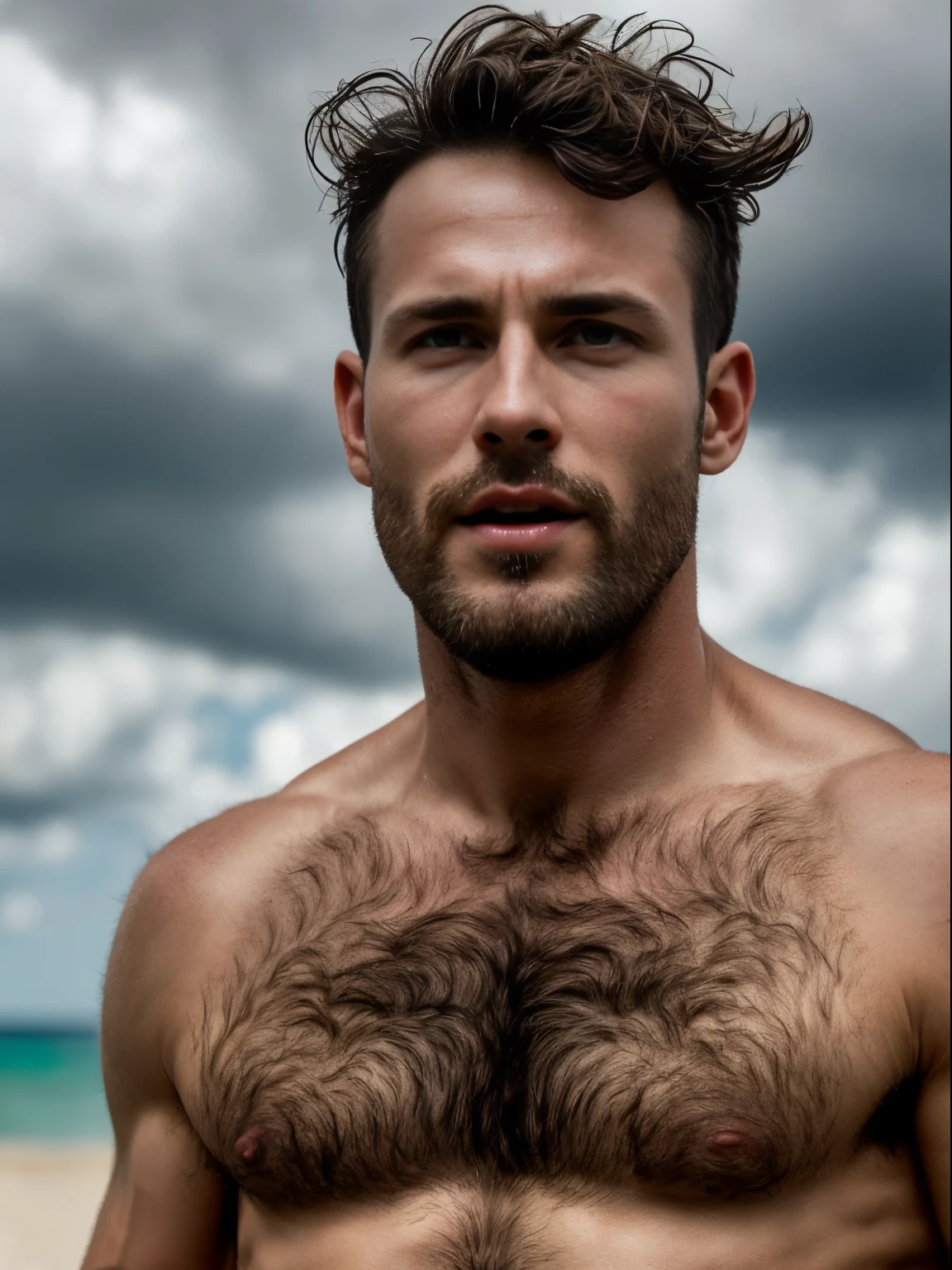 masterpiece, best quality, high resolution, closeup portrait, male focus, solo focus, A man, 40 years old, grey hair, in speedo, grey silver hair, messy hairstyle, cute and seductive face, bare chest, body hair, facial hair, pale skin, sun freckles, roman nose, very skinny body, hairy legs, cute, dimples, scruffy beard, very hairy armpits, bold jawline , sweaty, in the background a beach on a cloudy day, view from below, amazing composition, front view, HDR, ultra quality, elegant, highly detailed