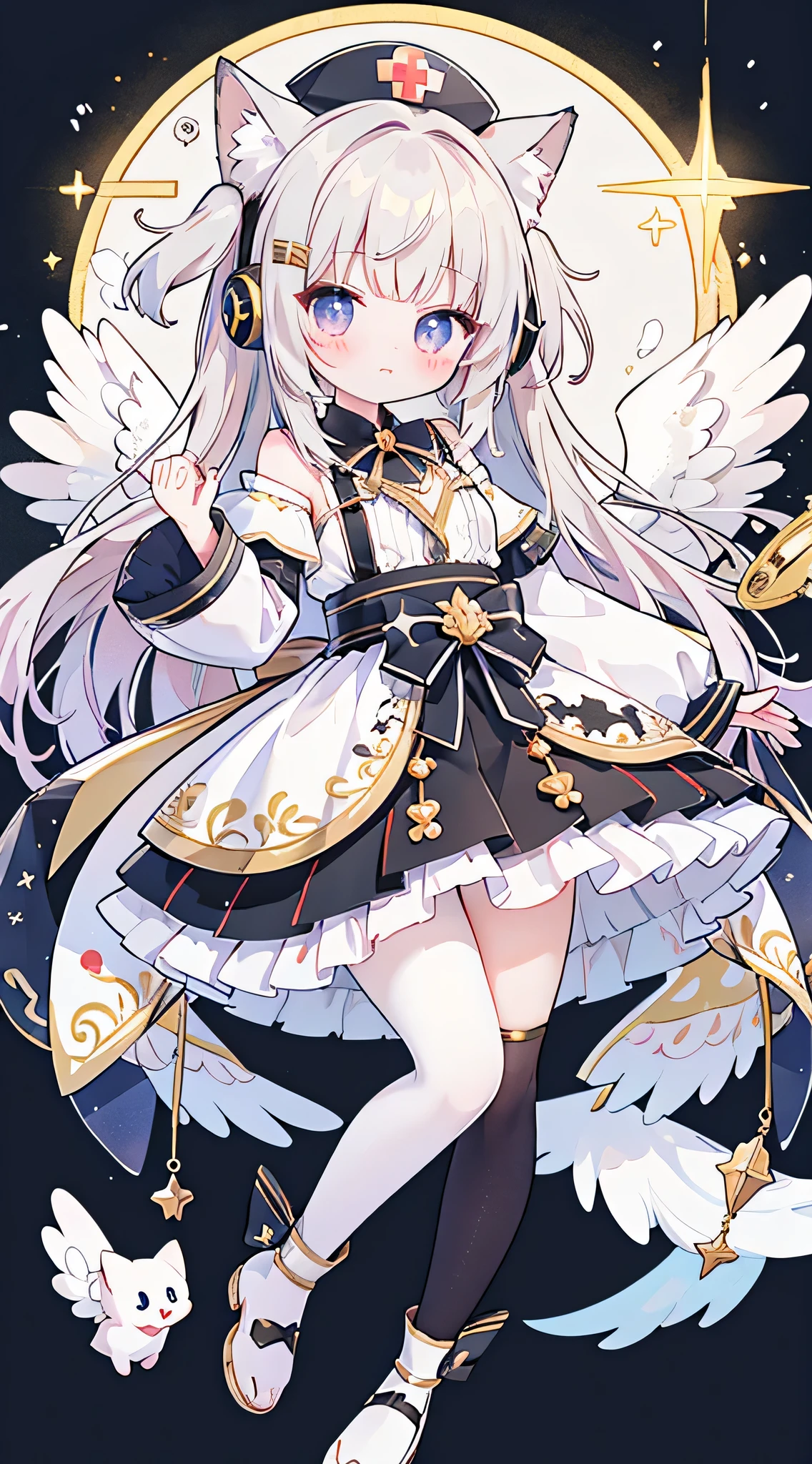Whole BodyEsbian、Standing picture,a girl,Angel服装,Angel权杖,Angel,With a crown on his head,Maruko hair,golden eyes,Wear sneakers,There are a pair of small wings on the shoes,There is a pair of small wings on the head,There is a pair of large wings behind him,There is a gem mark on the forehead,There is a big bow on the chest,with headphones,Wearing a gold hairpin on her head,With golden feathers on the head,There are many ornaments hanging on the body,Carrying a big sword behind his back,Cupid's arrow in hand,jewelry,Take a photo pose,Double tail,shy,blush,Hot,Mid-Autumn Festival,Shooting star background,Heaven,masterpiece,Top image quality,top quality,off shoulder strap lolita,There is a big gem on the chest,super long hair,fox ears,white hair,(white or black pantyhose)、exquisite eyes、beautiful girl、Plump cheeks、cute dress、puffy sleeves、Ruffled skirt、pink ribbons、kawaii、loli、black leg rings,with headphones,Wear a nurse's hat,Lift one foot up,black cat,Bald Eagle,black and white musical notes,cute big breasts,