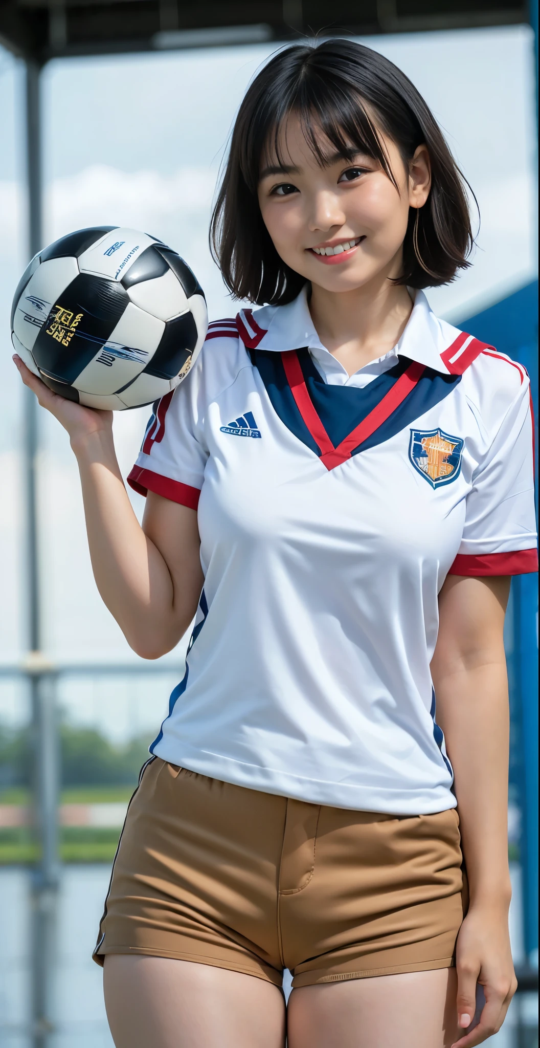 (8K、Raw photography、highest quality、masterpiece:1.2),(black haired、very short hair:1.9),show viewer,Looking at the front,erotic,白いskin,(wearing a blue and white soccer uniform:1.6)、(Clothing that emphasizes the shape of your chest、publish one'skin:1.6)、(big boobs:1.4)、slim body shape、ultra high resolution,beautiful,beautiful fece,(alone, alone、no background:1.9),whole bodyボディー,japanese woman,(Photoreal:1.37)、photon mapping,reality、(Cute with a : 0.6)、(cute smile: 1.7)、(With a round face: 1.8)、radio city、Physically based rendering、depth of field rally background、photograph, (I can see your knees,close up of thighs、Too short pants、camel toe:1.4),whole body、super fine