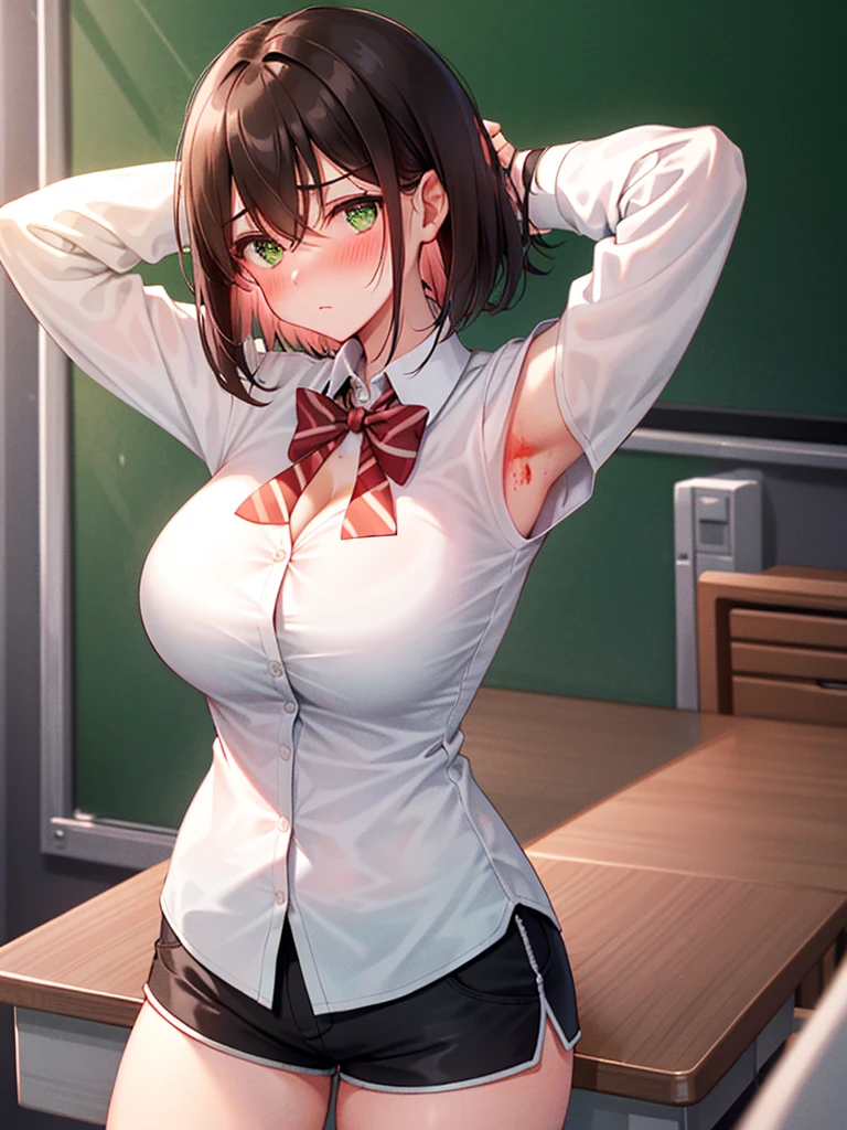 (NSFW,:1.2),  teacher girls , girl wears suit and silk lingerie, Bare breasts, Full breasts, {{{large  breasts}}}, Contempt Smile, , humiliated, Shameful face,, (nipple slip from shirt:1.2)