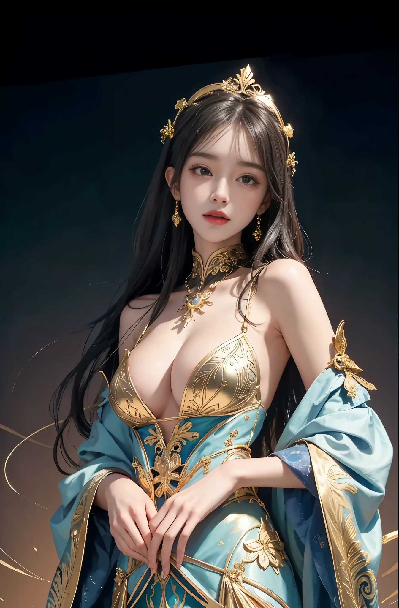 (masterpiece、highest quality、highest quality、official art、beautiful and aesthetic:1.2)、(1 girl)、extreme details、colorful、highest details、official art、unity 8k wallpaper、Super detailed、beautiful and aesthetic、big boobs、masterpiece、highest quality、(zentangle、mandala、tangle、Entanglement)、holy light、gold foil、gold foilアート、Glitter painting、Perfect NwsjMajmagic