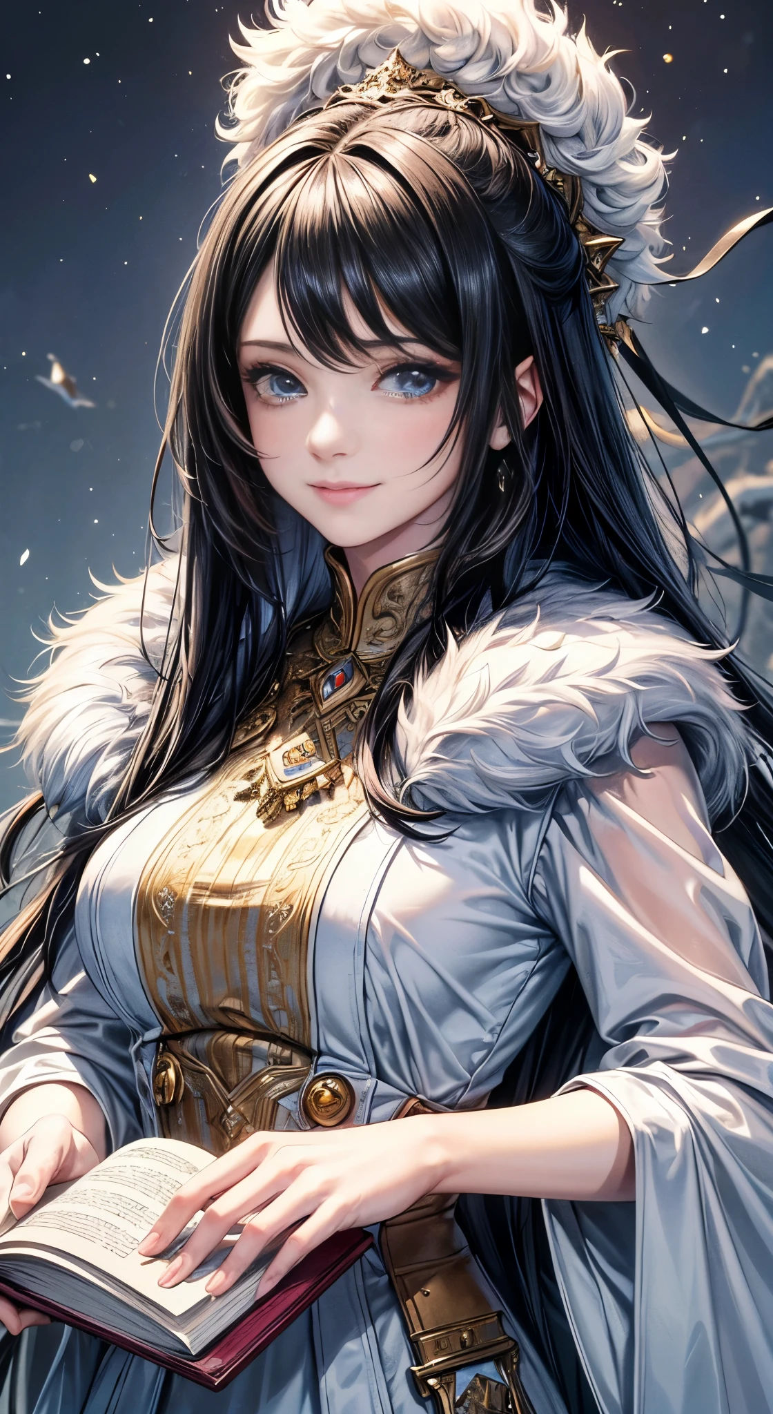 (best quality, high resolution, ultra-detailed), single, mature girl, upper body, girl with long hair, girl with black hair, holding a book, fantastical, winter, smiling, ultra-detailed eyes, ultra-detailed face, ultra-detailed dress, illustrations, warm color tones, soft lighting.