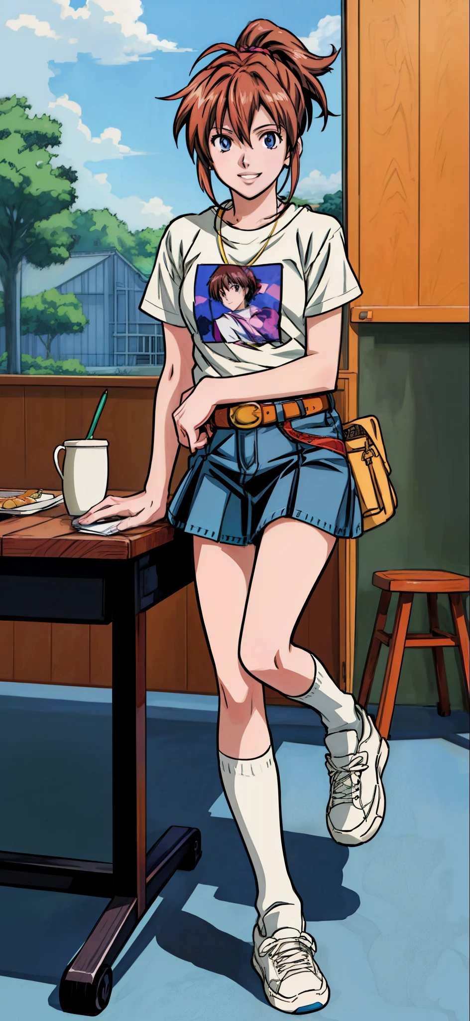 (highest quality,4K,8K,High resolution,table top:1.2), Super detailed, (realistic,photorealistic,photo-realistic:1.37), Active beautiful girl, pointing finger,grin and laugh,(grin and laugh),((caramel hair color)),((medium long hair)),((ponytail hairstyle)), ((messy hair)),((hair covers eyes)),((Tshirt)), ((.denim skirt))spread your legs,((over-kneehighs socks)),(sneakers),espadrilles,beautiful and detailed eyes, beautiful detailed lips, highly detailed eyes and face, long eyelashes, realistic anime 3D style, Smooth anime CG art, Digital rendering by Makoto Shinkai, Moe anime art style, photorealistic rendering of an anime girl, Shinkai Makoto style, Cute anime girl visuals, realistic young anime girl, girl fan art, Created by Anime Artist'studio of.
