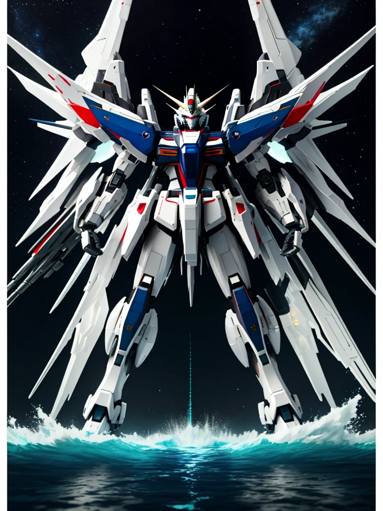 New launch century Gundam X、big moon、lake surface、Floating on the water、standing on tiptoe、Satellite Cannon、Beautiful scenery、high resolution、Beautiful night sky、Multicolored light、Clean light、large on the back4Feathers、water surface、standing on tiptoe、carrying a large cannon on his back、超high resolution、4K、countless stars々、overlooking、I'm poised、Firing regime、Bitmobile suit around、(Design sheet:1.3), (multi-angle and detailed view:1.3),