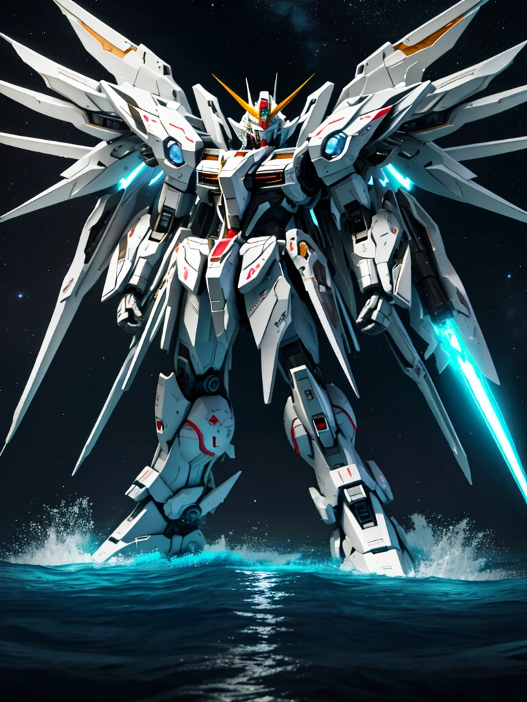 New launch century Gundam X、big moon、lake surface、Floating on the water、standing on tiptoe、Satellite Cannon、Beautiful scenery、high resolution、Beautiful night sky、Multicolored light、Clean light、large on the back４Feathers、water surface、standing on tiptoe、carrying a large cannon on his back、超high resolution、4K、countless stars々、overlooking、I'm poised、Firing regime、Bitmobile suit around、(Design sheet:1.3), (multi-angle and detailed view:1.3),