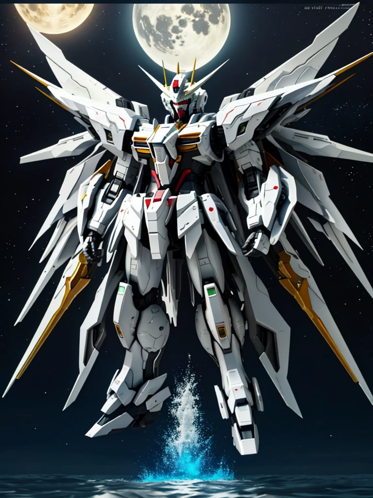 New launch century Gundam X、big moon、lake surface、Floating on the water、standing on tiptoe、Satellite Cannon、Beautiful scenery、high resolution、Beautiful night sky、Multicolored light、Clean light、large on the back４Feathers、water surface、standing on tiptoe、carrying a large cannon on his back、超high resolution、4K、countless stars々、overlooking、I'm poised、Firing regime、Bitmobile suit around、(Design sheet:1.3), (multi-angle and detailed view:1.3),