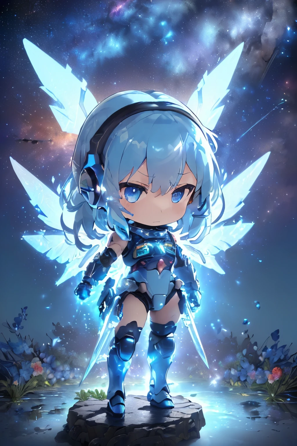 (Blue sky with lots of scaly clouds),(Armored suit that reflects light and shines in rainbow colors:1.3),(Gigant Arm:1.35),(A brace that stores a rugged weapon in the leg.:1.4),(close up of face:1.7),(Petals dancing like the wind blows up:1.4),(Dancing gracefully on the water surface:1.3),(beautiful armored suit:1.35),(beautiful hair waving in the wind:1.3),(blonde:1.3),(Transparent clear blue eyes:1.4),(high resolution:1.5),(Stars, flowers, blue sky and space:1.4),(fantastic world:1.4),(Rugged full arm body like a mobile suit:1.4),(beautiful decorated sword:1.4),(Machine legs full of wires:1.35),(Drive coil at joint part:1.4),(perspective from above:1.3),(headphone:1.4),(Chibi:1.6),(Angelic big wings:1.5),