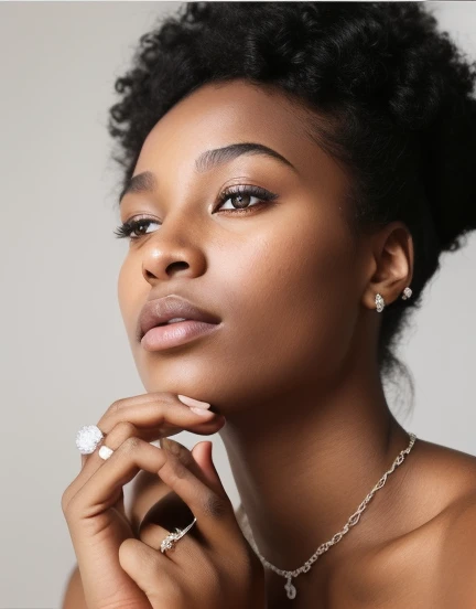 ;une femme avec une bague en argent au doigt, Marie Borgès, photo of a black woman, Jeune femme noire, african american young woman, Jeune femme noire, high quality portrait, with textured hair and skin, avec style par Nadine Ijewere, African-American woman, brun, avec afro, Une belle jeune femme, Photo d'a model of silver-colored hand jewelry