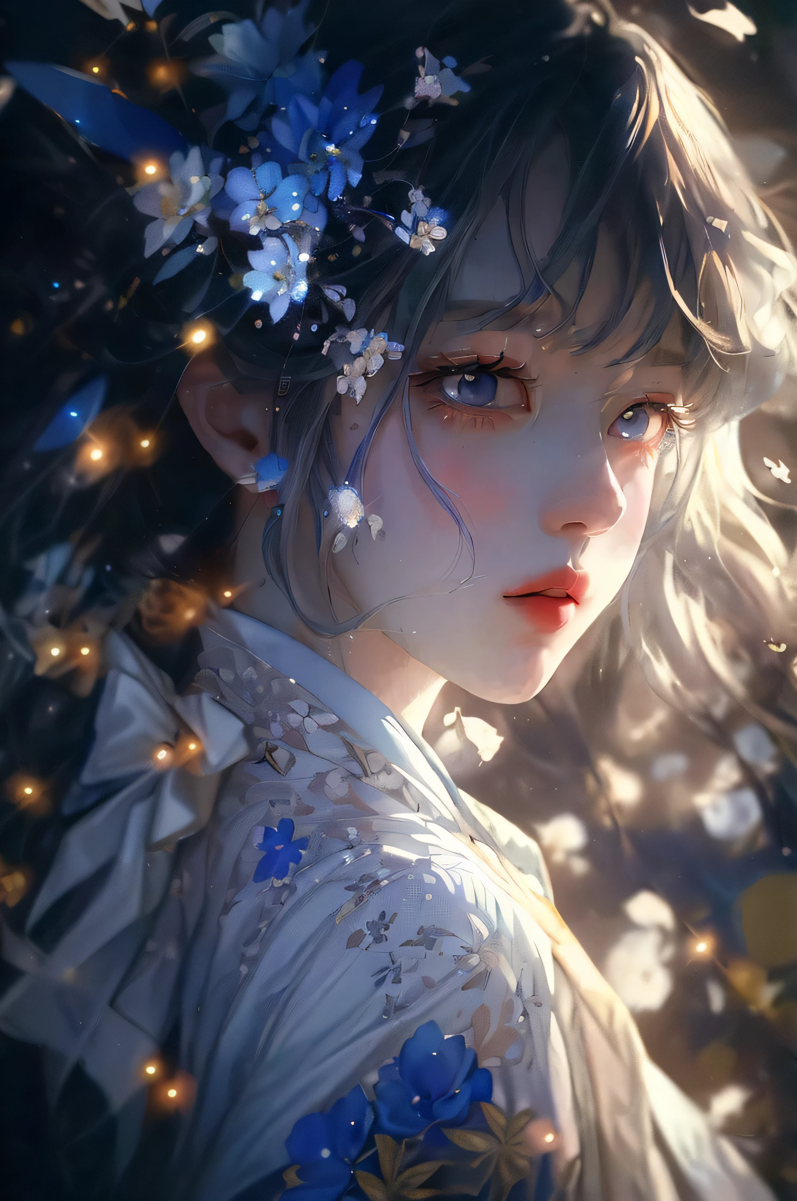 Anime girl with blue flowers and white dress in her hair, Guwitz-style artwork, Beautiful digital artwork, Beautiful digital illustration, A beautiful anime portrait, 详细的digital animation art, Stunning digital illustrations, Guwitz, Stunning anime face portraits, Digital animated illustration, digital animation art, A beautiful artistic illustration, 4k highly detailed digital art