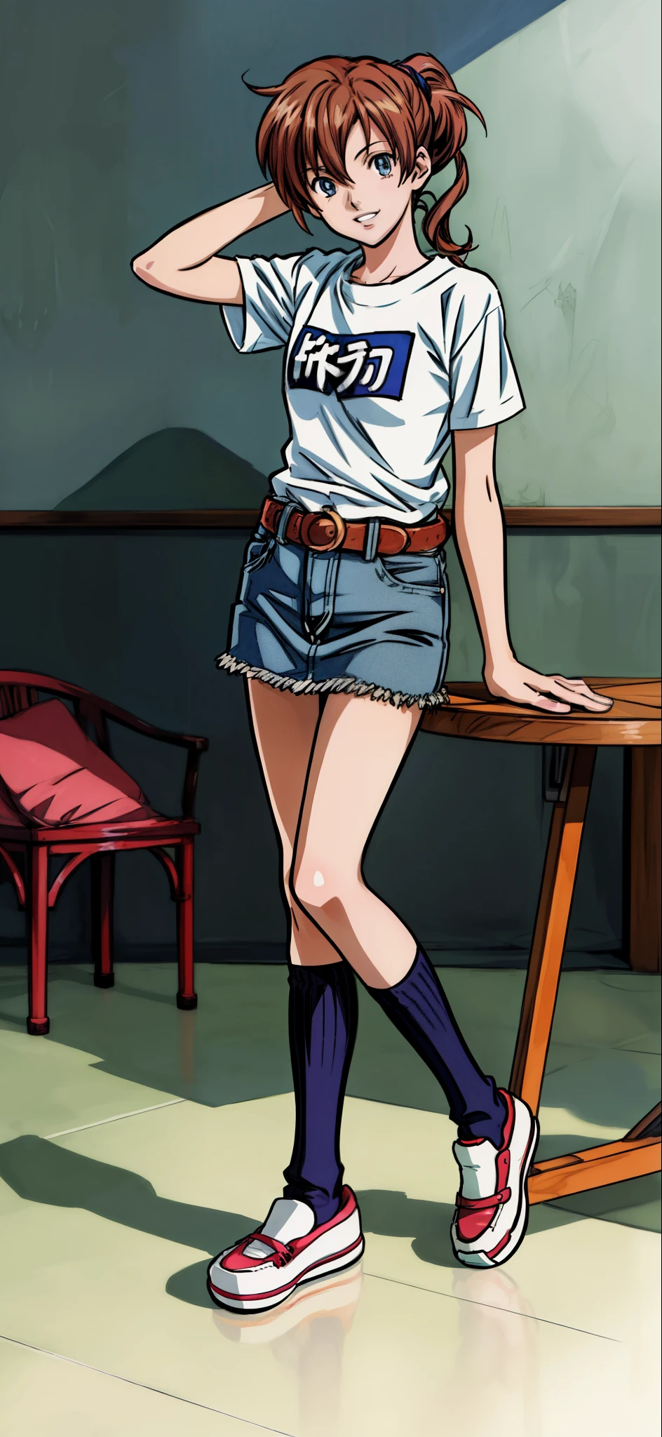 (highest quality,4K,8K,High resolution,table top:1.2), Super detailed, (realistic,photorealistic,photo-realistic:1.37), Active beautiful girl, pointing finger,grin and laugh,(grin and laugh),((caramel hair color)),((medium long hair)),((ponytail hairstyle)), ((messy hair)),((hair covers eyes)),((Ｔshirt)), ((.denim skirt))spread your legs,((over-kneehighs socks)),(sneakers),espadrilles,beautiful and detailed eyes, beautiful detailed lips, highly detailed eyes and face, long eyelashes, realistic anime 3D style, Smooth anime CG art, Digital rendering by Makoto Shinkai, Moe anime art style, photorealistic rendering of an anime girl, Shinkai Makoto style, Cute anime girl visuals, realistic young anime girl, girl fan art, Created by Anime Artist&#39;studio of.