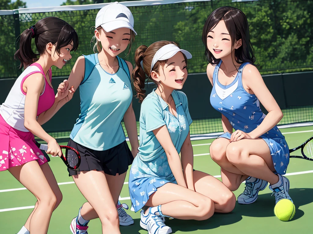 highest quality、High resolution、High definition、Beautiful teenage girl、Four women,cute hairstyle,perfect skin,huge breasts、Look at me happily、smiling、laughing、sexual expression、Upper body、

Tennis Dressesスタイル、
Tennis Dresses、可愛らしいTennis Dressesを選びましょう。Something with frills or lace details、We recommend items with colorful prints.。
shorts、Tennis Dressesの下にはshortsを着用しましょう。Easy to move、Good material that absorbs sweat。
head band、To wipe away the sweat flowing from my head、可愛いhead bandをつけるとおしゃれで機能的です。
Tennis Shoes、専用のTennis Shoesを選びましょう。Choose one with cushioning and stability、You can play comfortably。
