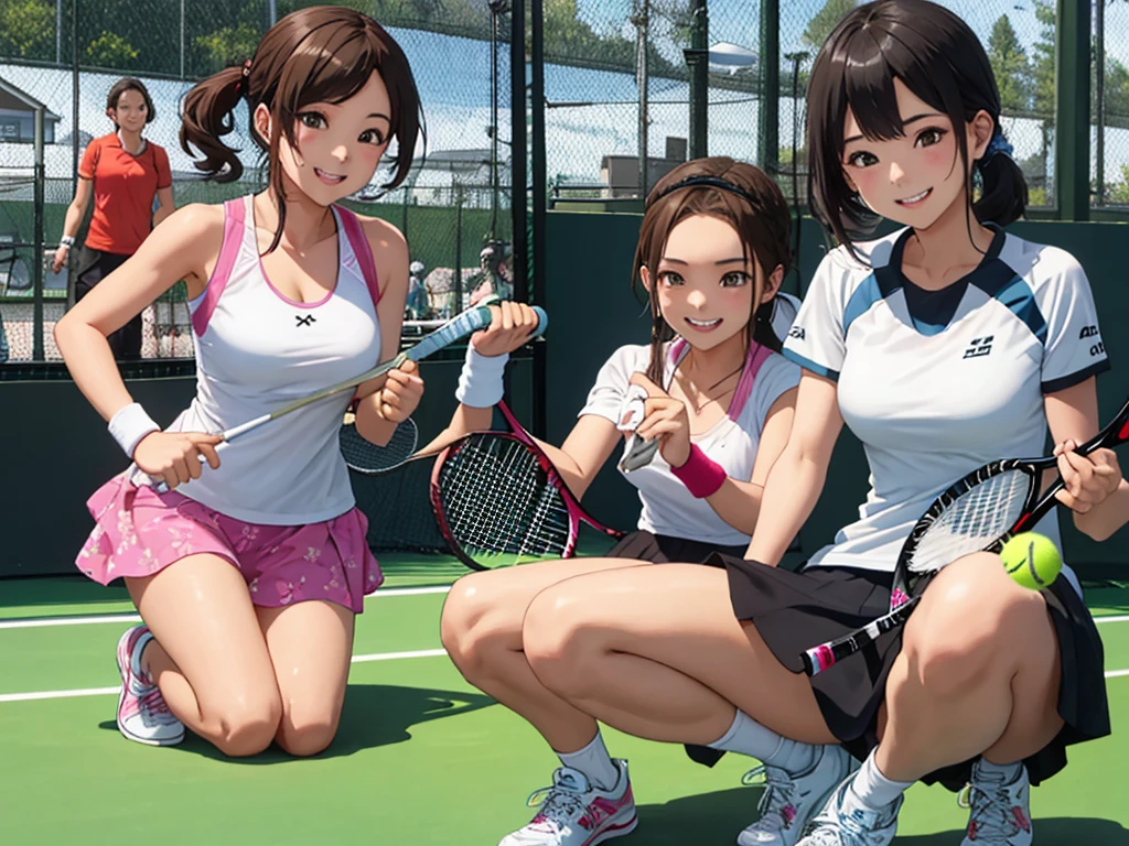 highest quality、High resolution、High definition、Beautiful teenage girl、Four women,cute hairstyle,perfect skin,huge breasts、Look at me happily、smiling、laughing、sexual expression、Upper body、

Tennis Dressesスタイル、
Tennis Dresses、可愛らしいTennis Dressesを選びましょう。Something with frills or lace details、We recommend items with colorful prints.。
shorts、Tennis Dressesの下にはshortsを着用しましょう。Easy to move、Good material that absorbs sweat。
head band、To wipe away the sweat flowing from my head、可愛いhead bandをつけるとおしゃれで機能的です。
Tennis Shoes、専用のTennis Shoesを選びましょう。Choose one with cushioning and stability、You can play comfortably。
