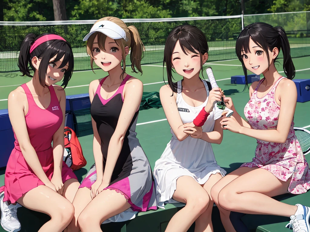 highest quality、High resolution、High definition、Beautiful  girl、Four women,cute hairstyle,perfect skin,huge breasts、Look at me happily、smiling、laughing、sexual expression、Upper body、

Tennis Dressesスタイル、
Tennis Dresses、可愛らしいTennis Dressesを選びましょう。Something with frills or lace details、We recommend items with colorful prints.。
shorts、Tennis Dressesの下にはshortsを着用しましょう。Easy to move、Good material that absorbs sweat。
head band、To wipe away the sweat flowing from my head、可愛いhead bandをつけるとおしゃれで機能的です。
Tennis Shoes、専用のTennis Shoesを選びましょう。Choose one with cushioning and stability、You can play comfortably。
