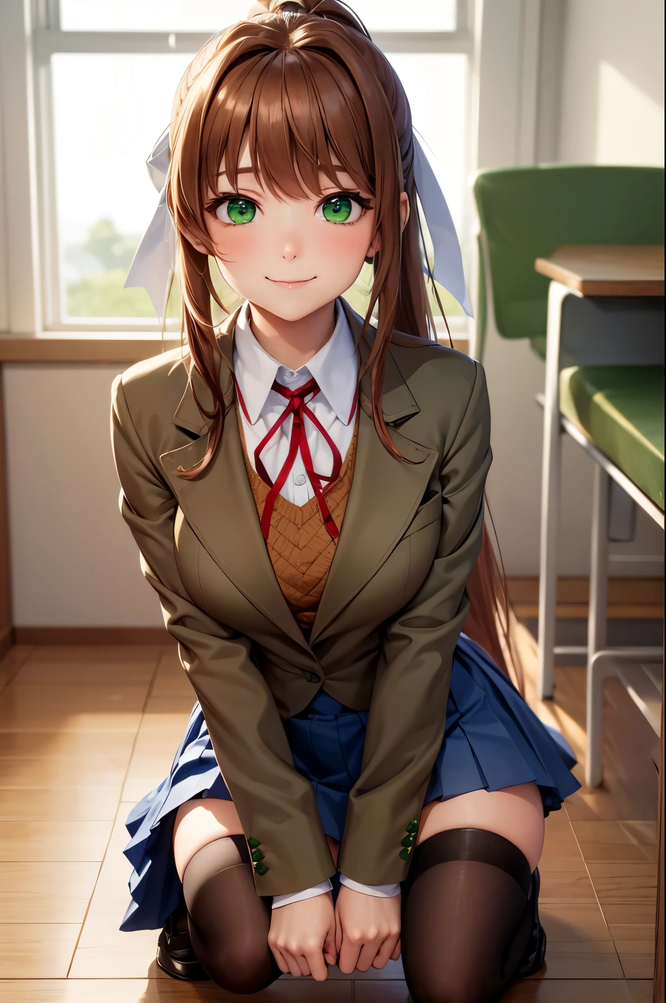 (masterpiece), best quality, expressive eyes, perfect face, highres, ddlcmonika, blunt bangs, brown hair, (green eyes:1.5), long hair, ponytail, ribbon, white ribbon, hair ribbon, sidelocks, black thighhighs, blue skirt, brown jacket, jacket, long sleeves, mary janes, over-kneehighs, pleated skirt, school uniform, shoes, skirt, thighhighs, zettai ryouiki, smiling, indoors, classroom background, squatting, portrait, looking at the viewer, from frontal