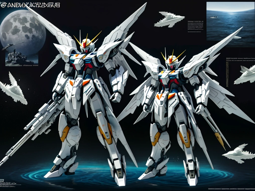 New launch century Gundam X、big moon、lake surface、Floating on the water、standing on tiptoe、Satellite Cannon、high resolution、large on the back４Feathers、water surface、standing on tiptoe、carrying a large cannon on his back、超high resolution、4K、countless stars々、overlooking、I'm poised、Firing regime、(Design sheet:1.3), (multi-angle and detailed view:1.3),