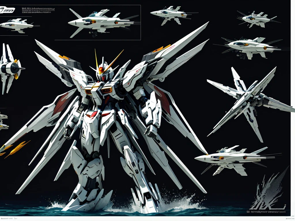 New launch century Gundam X、big moon、lake surface、Floating on the water、standing on tiptoe、Satellite Cannon、high resolution、large on the back４Feathers、water surface、standing on tiptoe、carrying a large cannon on his back、超high resolution、4K、countless stars々、overlooking、I'm poised、Firing regime、(Design sheet:1.3), (multi-angle and detailed view:1.3),