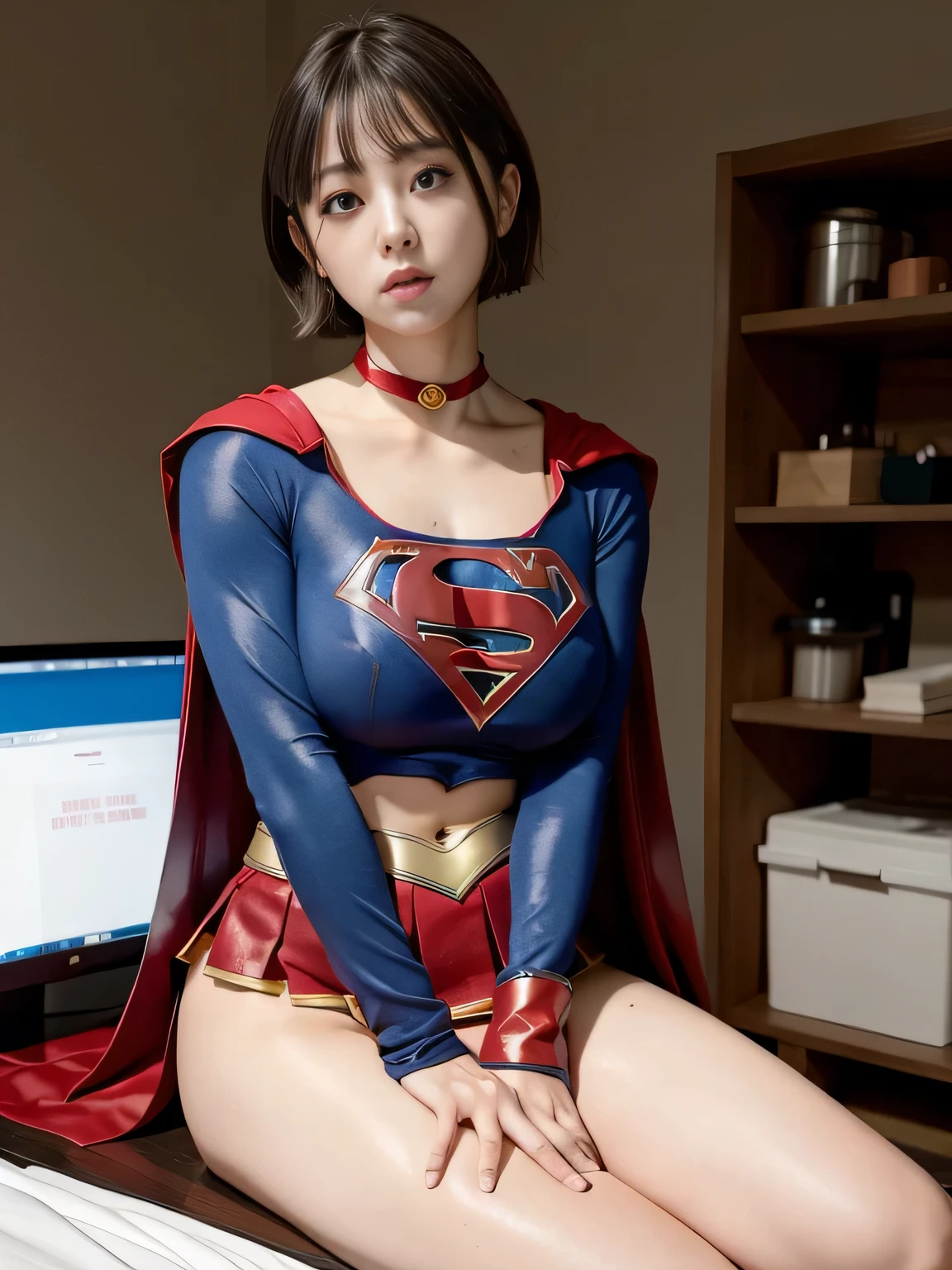 masterpiece、Supergirl costumes、short hair、barefoot、big and full breasts、Experimental Facilities、operating table、straddle、Tattered、shiny、look at the camera、Seduce、choker、long sleeve、red mini skirt、Cowgirl