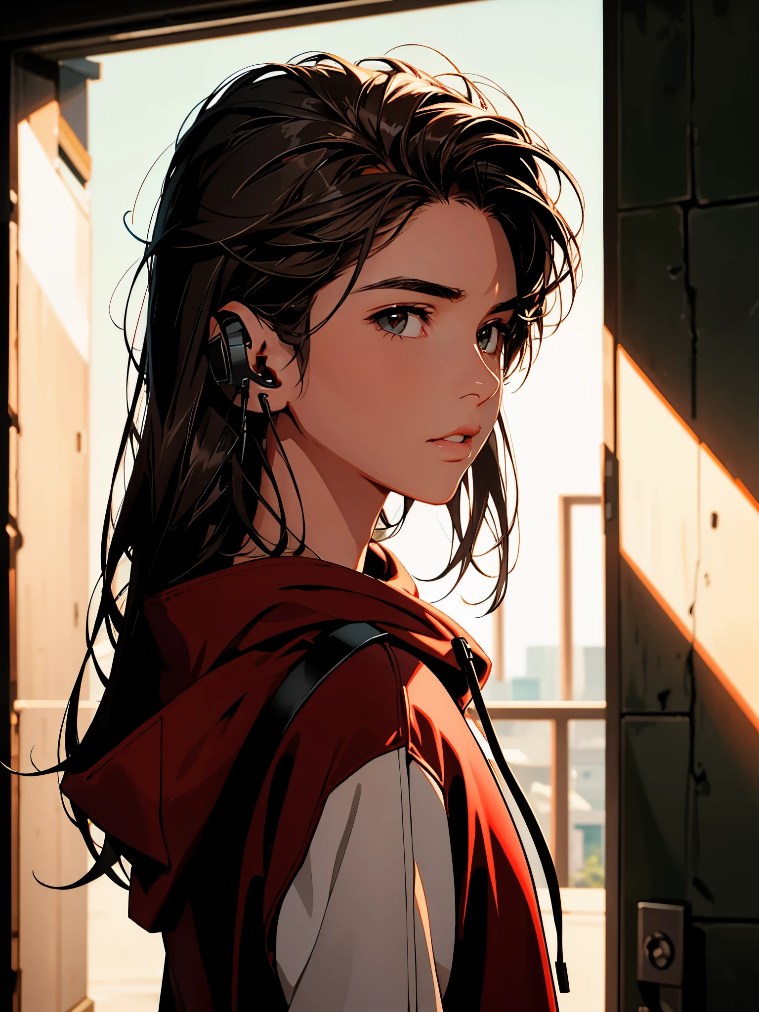 long straight dark brown haired gamer girl leaning into the camera, solo:1.2, alone, three-quarter headshot:1.2, lean body, fit body, photo from front above, dark red hoodie:1.2, straight hair, large leather gamer headphones:1.2, skintight black top:1.2, looking at viewer, realistic, 4k, cinematic lighting, perfect, soft lights, intricate details:1.2, high resolution skin:1.2, realistic skin texture, realistic face, perfect anatomy, lean girl, fit girl, sfw:1.2, jumper:1.2, hoodie:1.2, headphones:1.2
