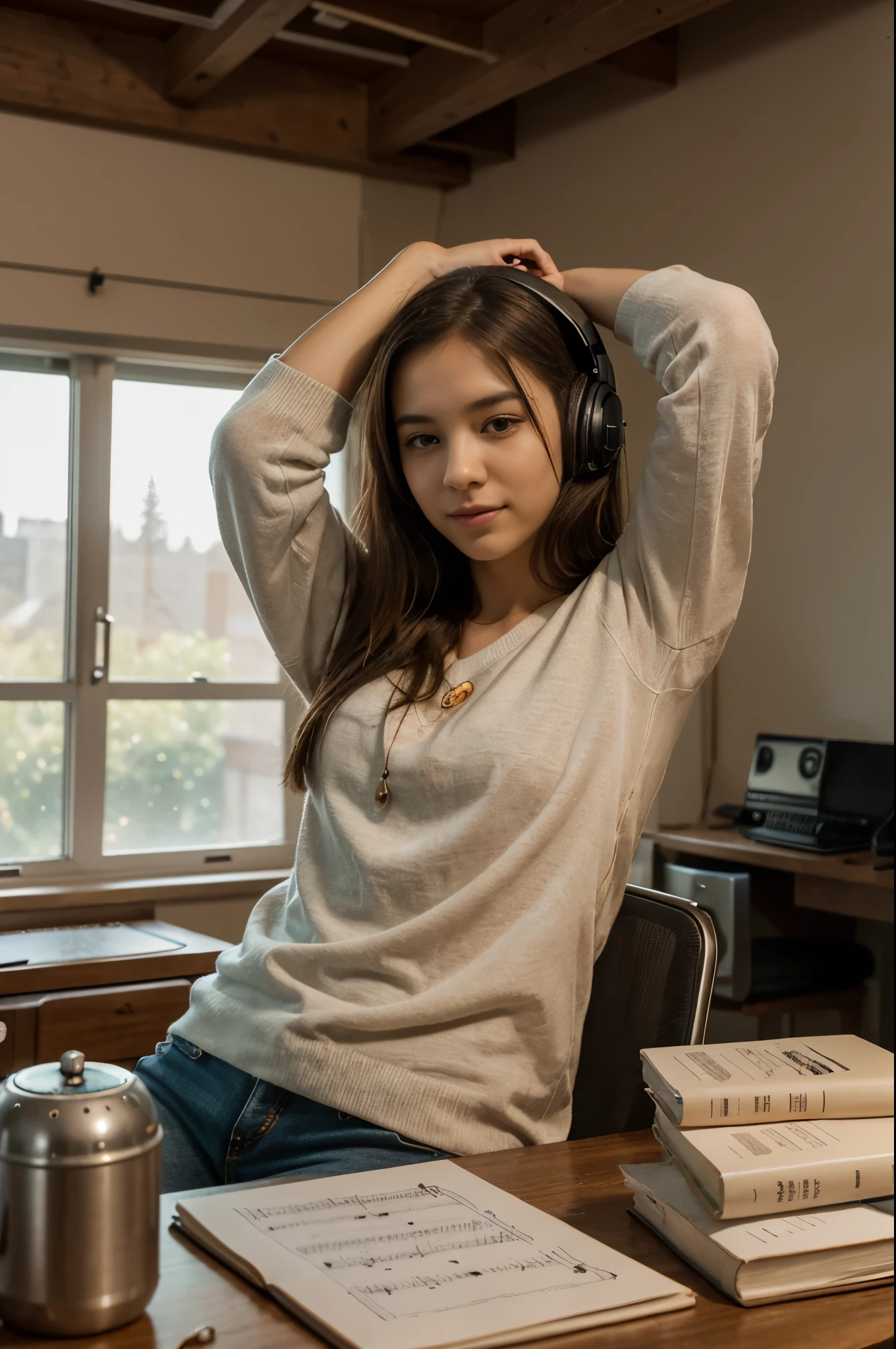 Inside a cozy room, A person is immersed in a study night, Where music becomes the soundtrack to your learning. curtains are partially closed, Letting in the soft moonlight、Creates dancing shadows on the wall. A desk lamp casts a warm light on a desk full of books, notes and laptop.  the person is sitting comfortably in a chair, The headphones fit delicately in my ears, Connecting her with the sound world of the music she chooses. A faint smile graces your lips、Immerse yourself in your studies, Find inspiration in the notes that fill the air. fingers move in coordination, Switching between laptop keyboard and notes page, catch up with the rhythm of the music.  Musical sounds flow in smooth harmony, Create an attractive atmosphere. Each note seems to lift people&#39;s spirits, increase energy and concentration. She gently shakes her head to the beat of the music, It&#39;s like being in your own world, Not aware of outside worries.  Music isやる気を起こさせる力として機能します, Make learning time more fun、excitingly. The chords and lyrics blend into the quiet atmosphere of the room., absorb knowledge、Create a personal symphony that propels a person to get lost in the mysteries of learning.  A scene depicting the unique fusion of solitary study and music., Where the intimate environment of the bedroom turns into a learning stage, and、Music is、Become the fuel that propels your mind and spirit to achieve your academic goals. HDR,8K,surreal,Beautiful Soft Light Studio,vivid details,anatomical,elegant,sharp focus,studio photography,art station trends,very detailed,polarizing filter  