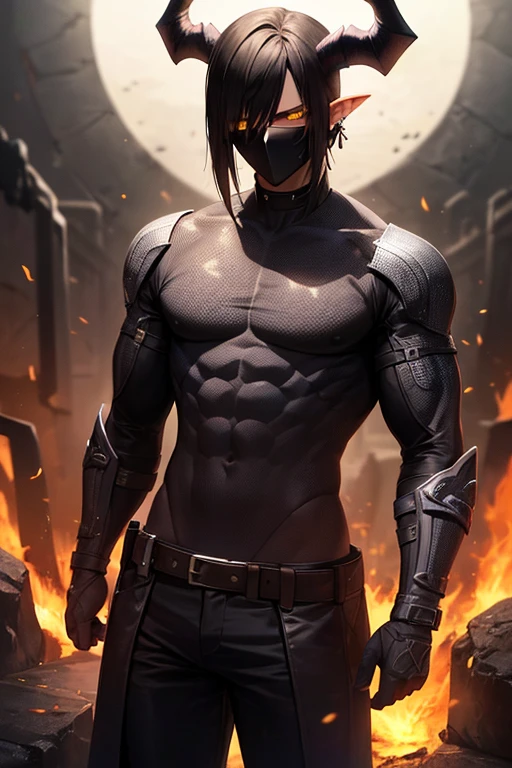 Perfect masterpiece, (Masterpiece:1.2), Best quality, high resolution, Beautiful detailed, Extremely detailed, Perfect lighting, high quality, high resolution, highest image quality, 8k hd. 
1 male guy. 
dark black hair, Faceless, yellow eyes, glowing eyes, demon horns, long horns. masks.
Cyberpunk, Elegant, Energy lines. 
a hole in the chest, ordinary clothes, .
Moonlight, flames in the background. 
Dramatic lighting.
Highly detailed background.
