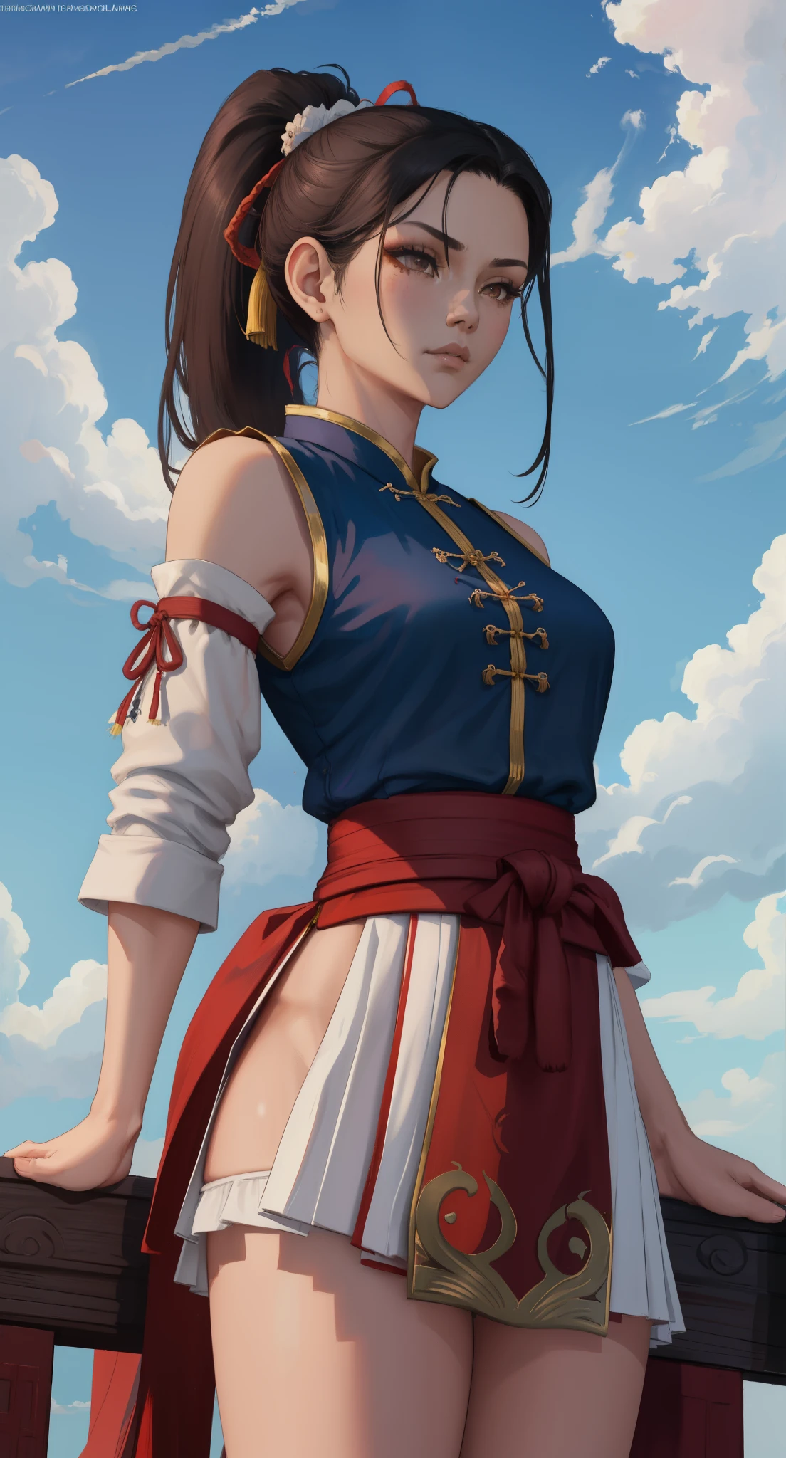 Paichang, ponytail , blue ribbon, brown eyes, long hair, black hair,
Standing in Kungfu pose, alone , Upper body,
hip,
cowboy shot,
red and white Chinese clothes, pink obi, super mini skirt, sleeve less, white panties、
blue sky, cloudy, evening,
(Extremely detailed, beautiful detailed face, masterpiece, highest quality