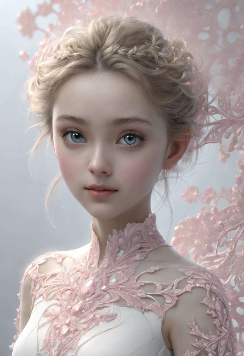 (best quality, 4k, 8k, highres, masterpiece:1.2), ultra-detailed, (realistic, photorealistic, photo-realistic:1.37), 1girl, solo, very detailed eyes, (official art, beauty and aesthetics: 1.2), (fractal art: 1.3), white pink color scheme, most detailed.