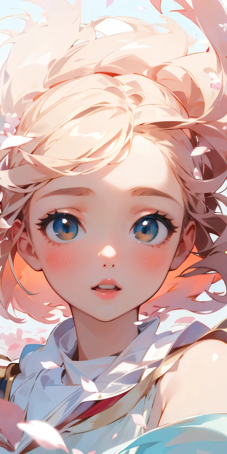 (best quality, masterpiece, ultra-realistic), 1 beautiful and delicate portrait of a girl, playful and cute, with floating petals in the background