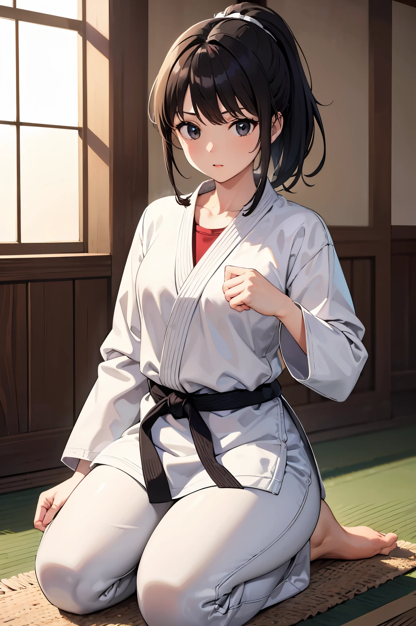 ((masterpiece, best quality, ultra-detailed, very fine 8KCG wallpapers)), 1girl, solo, small breasts, medium hair, black hair, ponytail, black eyes, dougi, long sleeves, martial arts belt, white pants, barefoot, dojo, sitting, seiza, nice hands, perfect hands,