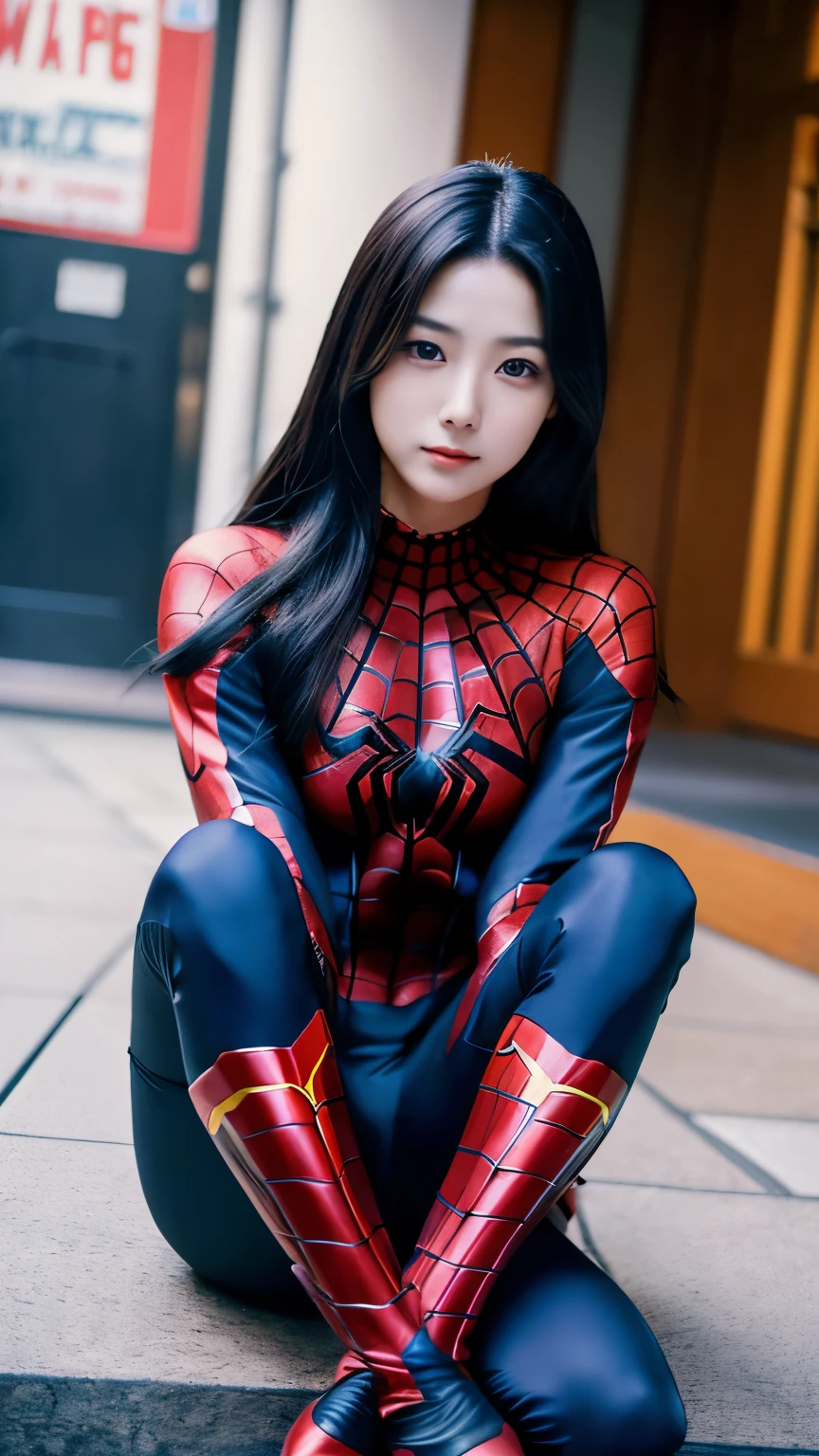 Japanese girl, 20 years old, dark makeup, detailed face, long hair, black hair, beauty eyes, realistic, full body, sexy pose, wearing spiderman costume(marvel characters), 8K, cinematic, sexy girl, sitting with legs open