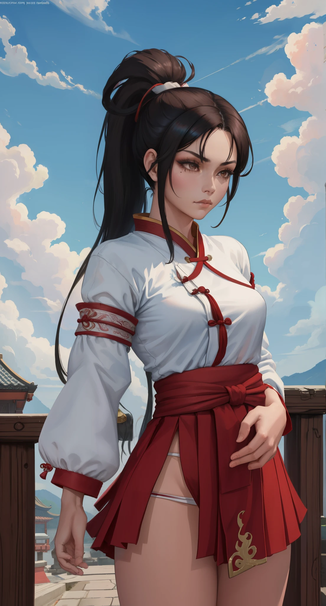Paichang, ponytail , blue ribbon, brown eyes, long hair, black hair,
Standing in Kungfu pose, alone , Upper body,
hip, 
cowboy shot, 
red and white Chinese clothes, pink obi, super mini skirt, sleeve less, white panties、
blue sky, cloudy, evening,
(Extremely detailed, beautiful detailed face, masterpiece, highest quality 