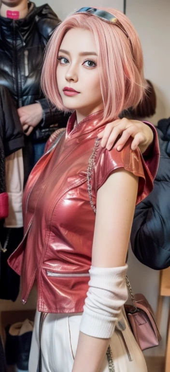 young woman, porcelain skin, long bubblegum pink hair, big pink lips, big emerald green eyes, pink eyebrows, red clothes, Sakura Haruno, 3d, realism, black gloves