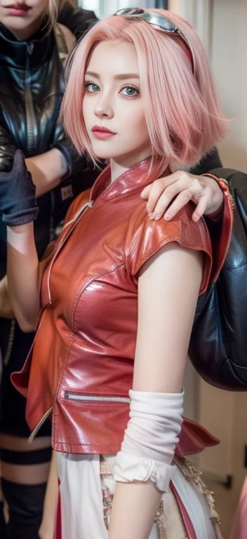 young woman, porcelain skin, long bubblegum pink hair, big pink lips, big emerald green eyes, pink eyebrows, red clothes, Sakura Haruno, 3d, realism, black gloves