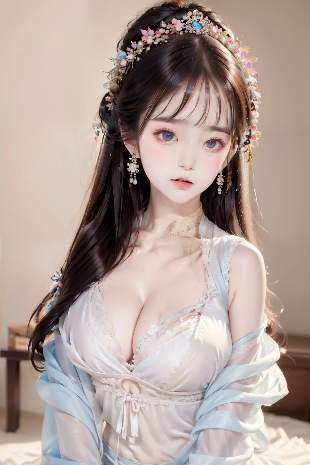 small ,,princess 10 yeald old cute, Master picture quality, Highest quality, Best picture quality, Exaggerated details, The expression is shy,a close up of a , Super beautiful,Long hair, Very exaggerated and compact, Round breasts , Pose in front of the camera, ,, Wet-breasted Hanfu open V-chested clothes, All pictures, Wet body of thin silk fabric, Thin silk lace petticoat, (huge boobs,cleavage), petticoat, white pink, blue
