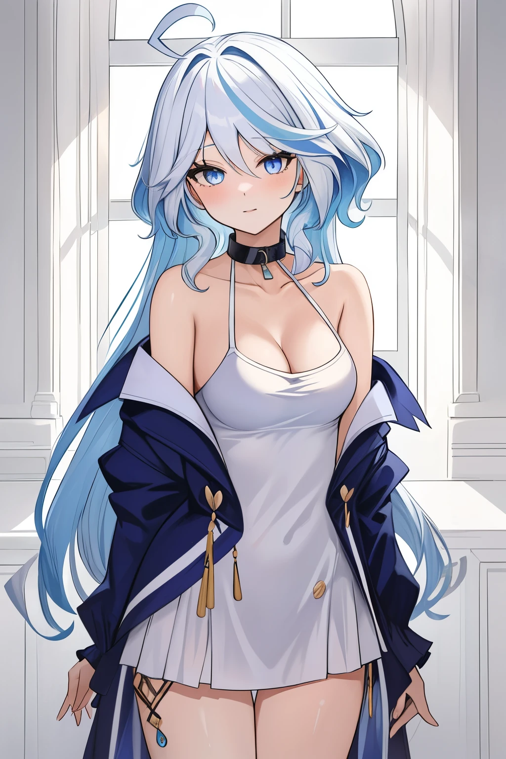 HuTaoV4,1girl,solo,long hair,ahoge,blue eyes,white hair,blue hair,bangs, off shoulder, collar bone, cleavage, look at viewer, perfect fingers, one piece clothes, frill, 