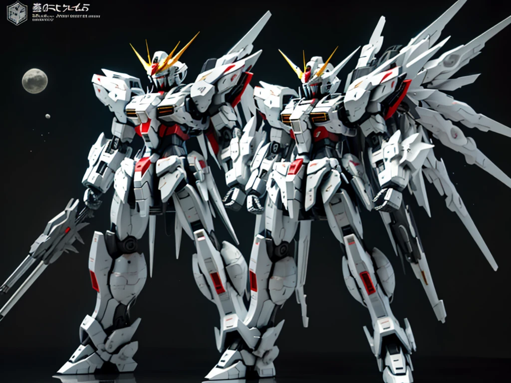 New launch century Gundam X、big moon、lake surface、Floating on the water、standing on tiptoe、Satellite Cannon、、high resolution、large on the back４Feathers、water surface、standing on tiptoe、carrying a large cannon on his back、超high resolution、4K、countless stars々、overlooking、I'm poised、Firing regime、Bitmobile suit around、(Design sheet:1.3), (multi-angle and detailed view:1.3),